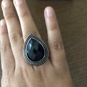 3/$25 ** Antique silver drop shaped black stone ring